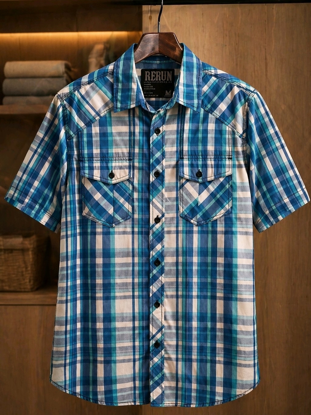 RERUN Men's Blue Plaid Button Up Shirt - Size Medium - Short Sleeve Cotton Blend